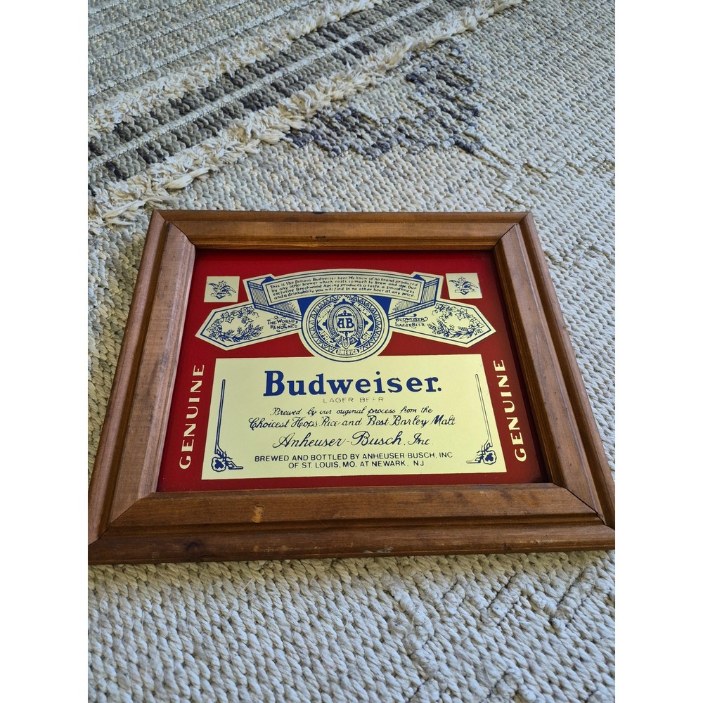 Vintage Budweiser Lager Beer Bar Mirror Wood Framed Anheuser Busch 12.5x10.5